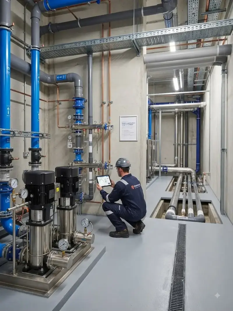 RAAC mechanical pump room installation with tanks and piping